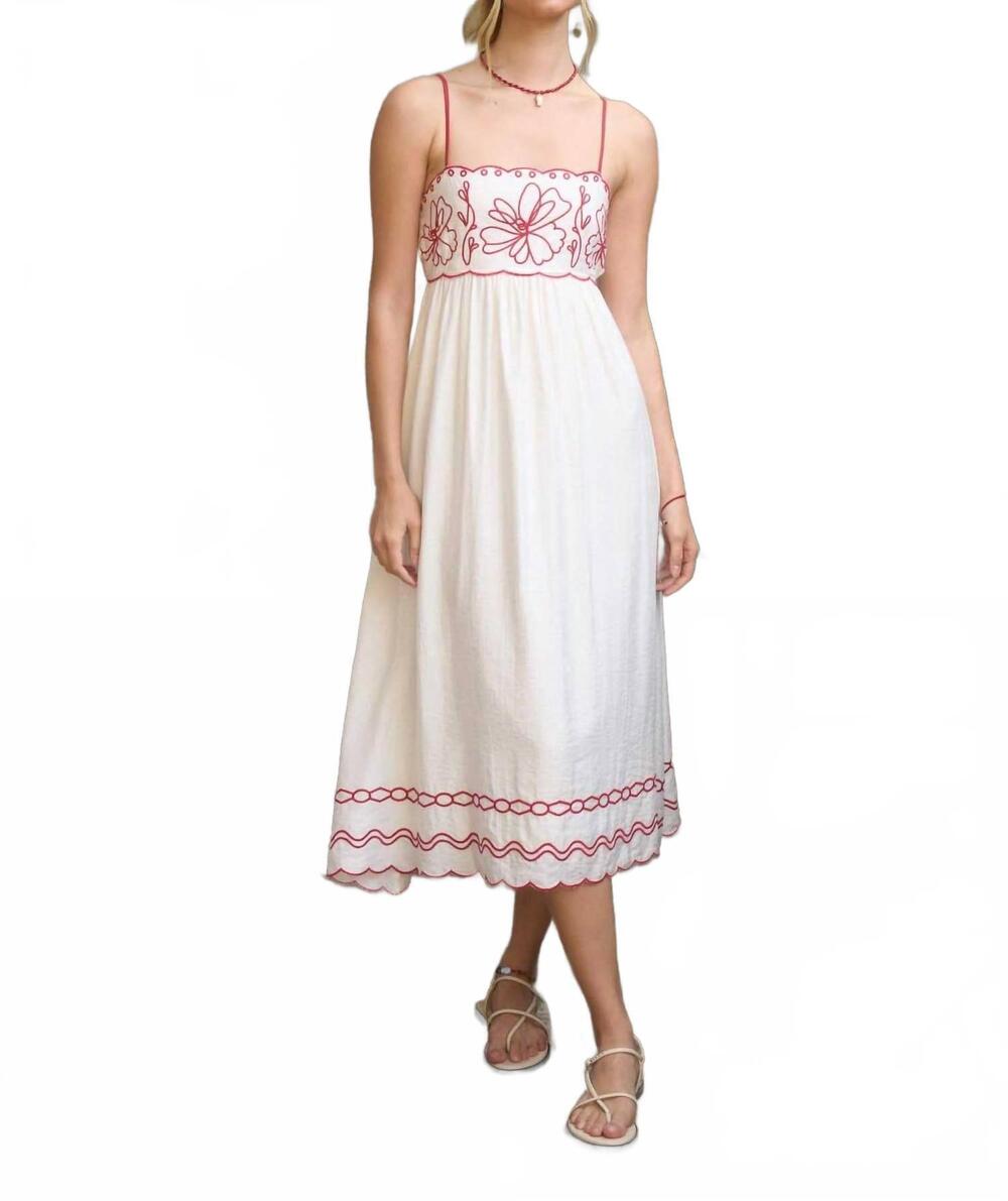 NEW BLU PEPPER floral embroidery scalloped midi dress in white red